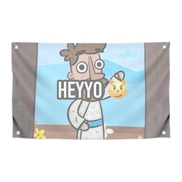Imagem de Bandeiras engraçadas de homem com citação "Heyyo" com quatro argolas de latão - pôster de meme de um lado para decoração de dormitório - Bandeira de tapeçaria de parede de poliéster para decoração de