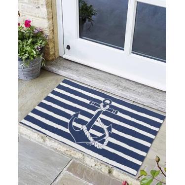 Imagem de Tapete para ambientes internos, âncora náutica, azul marinho, listrado, antiderrapante, tapete de entrada, absorvente, tema náutico, litoral, lavável, capacho frontal para quarto, cozinha, banheiro