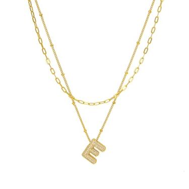 Imagem de Tasunom Colar com inicial de camada dupla, banhado a ouro 14K, pingente de letra de cristal CZ disponível, A-Z, Medium, Latão, Sem Pedra Preciosa