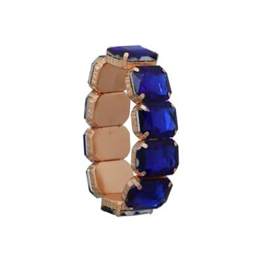 Imagem de Bracelete Zircônia Grosso Pedra Azul Royal Verde Esmeralda Brilho-Pulseira Feminina Strass Cravejada Elástica Cristal Brilhante Retangular Colorido Festa Balada Luxo-Presente Feminino Lapidado Ajustável Pulso Brilhoso Versátil Cotidiano Look (Azul)