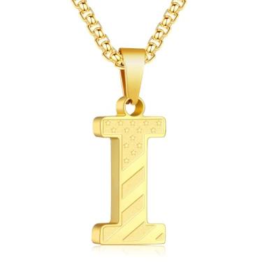 Imagem de Zocomi Colar com pingente de inicial da bandeira americana para homens e meninos, corrente de aço inoxidável 316L A-Z caixa de letras 50 + 5 cm joias presentes, Aço inoxidável, Sem Pedra Preciosa