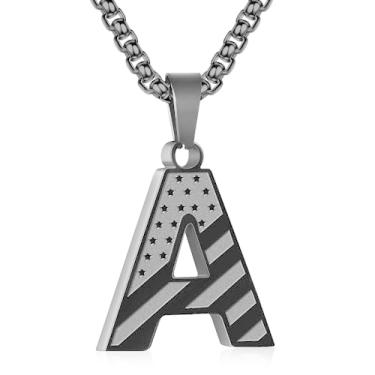Imagem de Zocomi Colar com pingente de inicial da bandeira americana para homens e meninos, corrente de aço inoxidável 316L A-Z caixa de letras 50 + 5 cm joias presentes, Aço inoxidável, Sem Pedra Preciosa