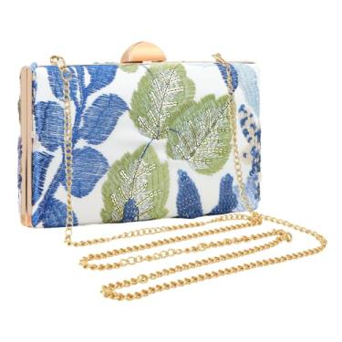 Imagem de Bolsa clutch floral bordada de lantejoulas para mulheres | Bolsa fina para festa noturna | Casamento, formatura, eventos formais, Azul