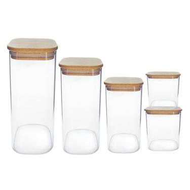 Imagem de Mimo Style, Jogo de 5 Potes Hermético Quadrado em Vidro Borossilicato com Tampa de Bambu Ryo — Marrom Claro