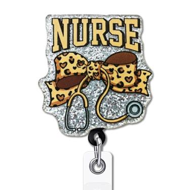 Imagem de YAZMEEN Presentes engraçados de carretel de crachá de enfermeira - estetoscópio de arco de leopardo - porta-crachá retrátil com clipe jacaré - Suporte de cartão de identificação acrílico com glitter