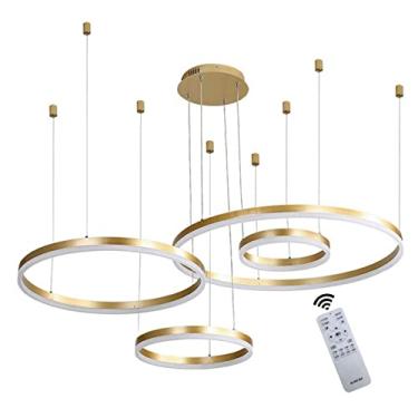 Imagem de Lustre LED moderno, luz pendente LED de acrílico e metal com controle remoto regulável, luminária pendente de teto com anéis escovados, sala de estar, quarto, hall de entrada, sala de jantar