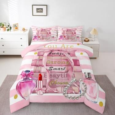 Imagem de Erosebridal Conjunto de cama de solteiro, rosa, fofo, moderno, com laço, para meninas, adolescentes, mulheres, moderno, rosa, branco, citações, livros, perfume, pérola, decoração de quarto