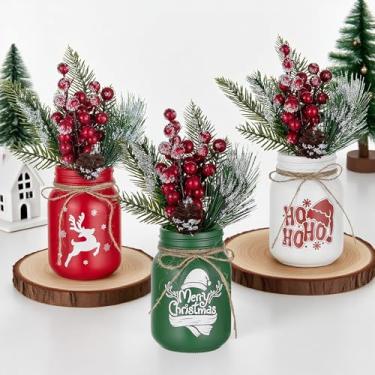 Imagem de Hewory Vaso de Natal para centros de mesa: 3 peças de potes de vidro de Natal com arranjos - Decoração delicada para prateleiras de mesa de centro de manto