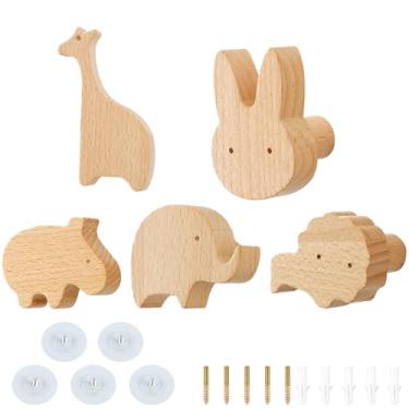 Imagem de Gancho de parede de madeira, 5 peças, gancho de parede para berçário de bebê, ganchos de casaco de animais, gancho de parede infantil para chapéu, bolsa, chave, quarto, sala de estar (estilo 2)