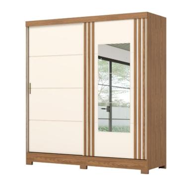 Imagem de Guarda Roupas Casal 2 Portas De Correr Com Espelho Ripado 3 Gavetas Jasmim Madeirado/off White
