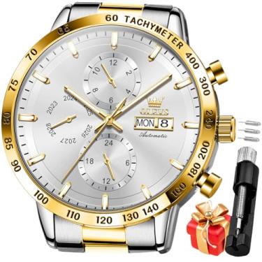 Imagem de OLEVS Relógio masculino automático de aço inoxidável esqueleto mecânico à prova d'água luminoso com corda automática diamante masculino, G6683: Prata, G6683: Silver, relógio masculino