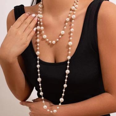 Imagem de Colares de pérolas longas douradas para mulheres - Colar branco falso de camada dupla, hipoalergênico, impermeável, não mancha, presentes de aniversário de Natal, joias modernas, 55.1", Liga de aço