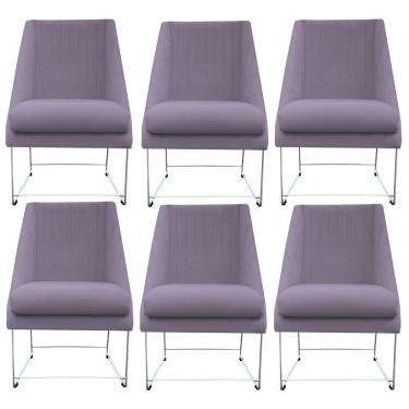 Imagem de Kit 06 Cadeiras Ana Base De Ferro Prata Suede Rosa Bebê D'classe Decor