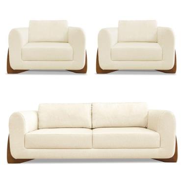 Imagem de Kit 2 Poltronas E Sofá 2 Lugares Linho Pés Castanho Cor Bege
