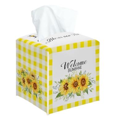 Imagem de Capa quadrada de caixa de lenços de girassol, xadrez amarelo e branco, suporte de caixa de lenços decorativa de girassol para quarto, banheiro, cozinha, escritório, bancada, organizador de papel