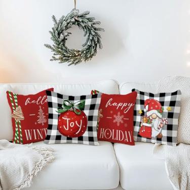 Imagem de Capas de almofada de Natal 45,7 x 45,72 cm conjunto de 4 peças adequado para decoração de festa de Natal família amigos decoração de sofá, preto e branco xadrez vermelho Hello Winter Happy Holiday