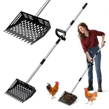 Imagem de LIVOSA Pá e ancinho para cocô de galinha, pá de peneiramento de areia de metal 2 em 1 com alça ajustável de aço inoxidável de 61 a 162 cm, ferramentas de limpeza para galinheiros ao ar livre, casa de