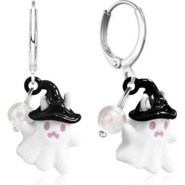 Imagem de unixmoment Brincos femininos únicos feitos à mão e lindos cristais brilhantes coração pérola fantasma com chapéus de bruxa pendurados em forma de gota, Tiny, Metal, Sem pedra preciosa