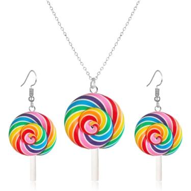 Imagem de QLYOVWE Lindo conjunto de colar de brincos de pirulito arco-íris para mulheres, brincos feitos à mão com gotas de argila doce e doces engraçados, simulação de cores, colar de comida fashion para