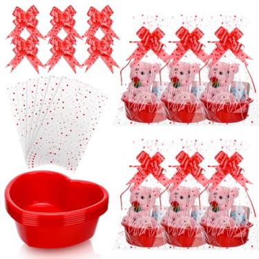Imagem de Threehoney Conjunto de 6 cestas de plástico para o coração do dia dos namorados com sacos de celofane e fitas de laço para enchimento de presente de dia dos namorados (vermelho)