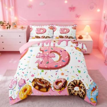 Imagem de Erosebridal Conjunto de edredom Queen com letra D para meninas, laço fofo, princesa, laço, monograma, alfabeto, D, rosquinhas, rosa, branco, doce, para decoração de quarto