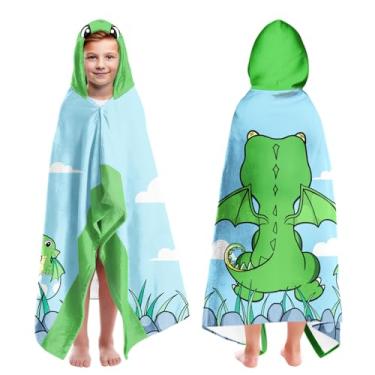 Imagem de Toalhas de praia grandes com capuz com estampa de dinossauro para crianças de 7 a 10 anos, toalhas de banho com capuz para crianças adolescentes 89 x 152 cm de secagem rápida azul verde toalha