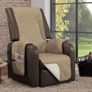 Imagem de Capa Protetora Matelada para Poltrona, Dupla Face, com Bolsos, 210x190cm, 100% Poliéster (Cáqui e Palha)