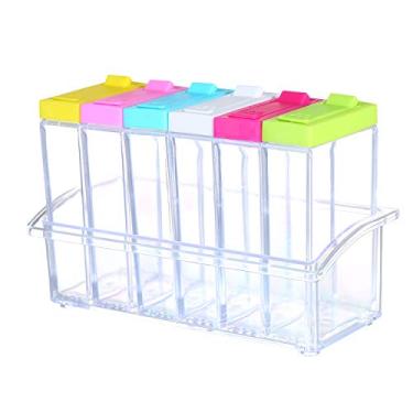 Imagem de Conjunto de 6 potes tempero plástico com tampa e bandeja caixa pote condimento recipiente armazenamento garrafa transparente para sal açúcar cruet pimenta ervas