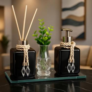 Imagem de Kit Aromatizador de Ambiente 300ml com Saboneteira Líquida e Bandeja Decorativa para Lavabo Completo(Preto com Dourado)