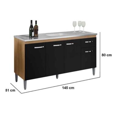Imagem de Balcão de Pia Para Cozinha 150 Cm Graziela 4 Portas 1 Gaveta Amêndoa Preto