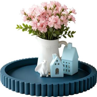 Imagem de Bandeja decorativa feita à mão de 30 cm para decoração de mesa de café, bandeja redonda decorativa de madeira azul para cozinha, sala de estar, decoração de casa
