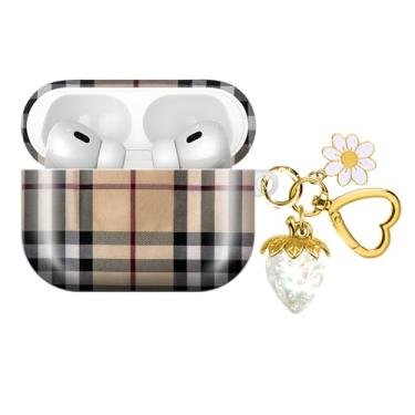 Imagem de Capa de fone de ouvido sem fio compatível com AirPod PRO 3 2025, à prova de choque e poeira, com um lindo e fofo pingente de chaveiro de morango adequado para mulheres (morango de cristal xadrez)