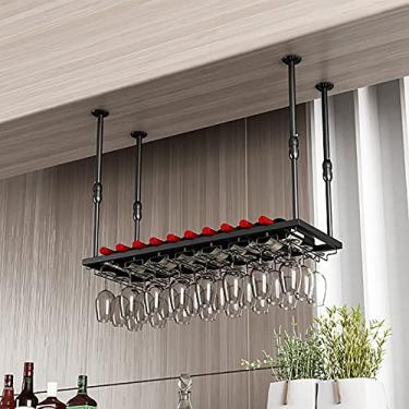 Imagem de APUM Prateleiras de vinho de teto, altura ajustável, suporte de taças, prateleira de taça de vinho pendurada, suporte de garrafa de vinho vintage, decoração de bar/casa (100 cm)