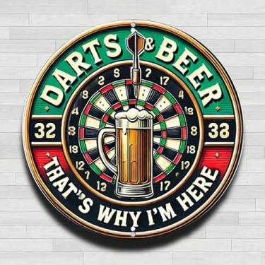 Imagem de Placa de cerveja dardos com alvo de dardos caneca vintage rústica de metal de alumínio redondo placa de parede, 20 cm, presentes internos e externos e decoração para casa, escritório, café e fazenda