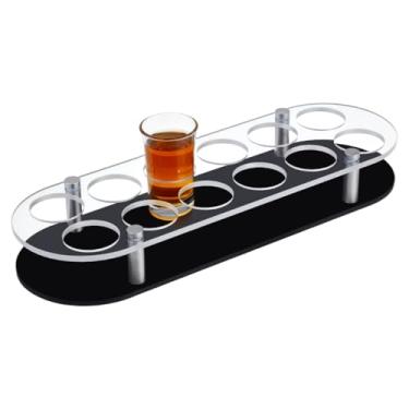 Imagem de Peacoblue Suporte de bandeja de 12 copos de vidro com base pesada - preto, barra transparente elíptica de acrílico organizador de bandeja com compartimento central de garrafa para festas, clubes e