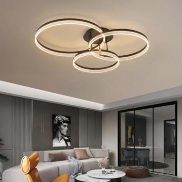Imagem de Luminária de teto moderna para sala de estar com controle remoto, dimerizável, alta luminosidade, cúpula de acrílico, 3 anéis, elegante, em alumínio, para quarto, cozinha e restaurante (70cm