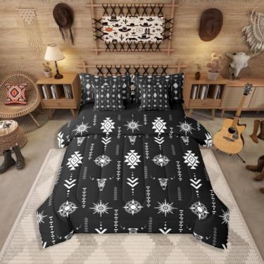 Imagem de Jogo de cama Queen rústico de caveira de touro, 7 peças, cama asteca étnica ocidental em uma bolsa, conjunto de cama de diamante geométrico, inclui edredom, conjunto de lençol, fronhas e fronhas