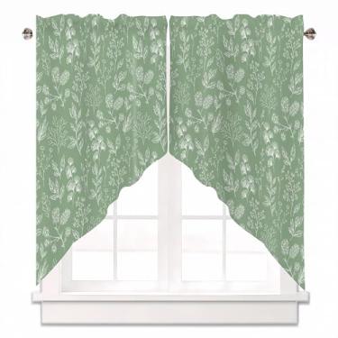 Imagem de AYTTBIS Saia de cortina de eucalipto verde sálvia para janelas, folhas de aquarela, tratamentos de janela, enfeite curto para cozinha, janelas, banheiro, quarto, 91 x 91 cm