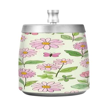 Imagem de Qilmy Cinzeiro de aço inoxidável Doodle margarida e borboleta com tampa - Cinzeiro de cigarro à prova de vento sem cheiro sem fumaça para casa, escritório, carro, pátio, varanda (uso interno e externo