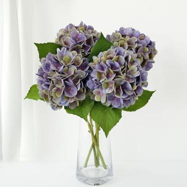 Imagem de ZYTUYO 4 peças de hortênsia sintética roxa verde e roxa, flores artificiais, látex de seda, realistas, hortênsias, grandes, primavera, caule longo, plantas, para vaso alto, jardim, Natal, mesa