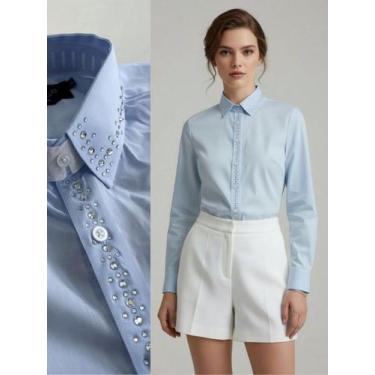 Imagem de Camisa Social Feminina com Linha de Strass Premium Azul Bebê Gola e Pe