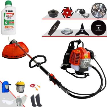 Imagem de Roçadeira Costal GRC430 Terra Com Carretel + Faca 2 Pontas + 3 Pontas + 6 Pontas + 40 Dentes Vídea + 80 Dentes + Trimmer + Escova + Óleo Stihl + EPI