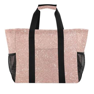 Imagem de ODAWA Bolsa de praia grande dobrável em ouro rosa gradiente resistente à água - Bolsa de praia de lona durável com bolsos com zíper