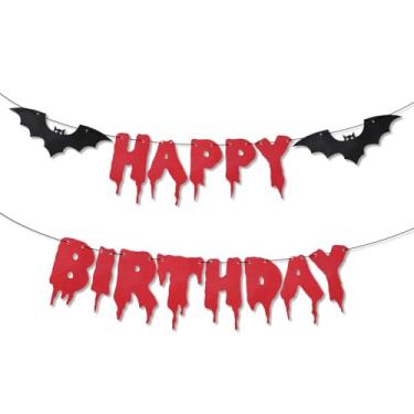 Imagem de Faixa de Feliz Aniversário de Halloween, Pré-Enfiada Faixa Grinalda Pendurada Morcego Sangrento e Glitter Decorações Aniversário Assustadoras para Festas com Tema Vampiro Halloween (Vermelho)