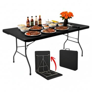 Imagem de Mesa Dobrável 1,80m Vira Maleta Portátil Preto Em Aço e Polietileno Durável Para Camping Pesca Jardim Festas Uso Externo Interno Com Alta Resistencia e Fácil Transporte (Preta)