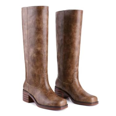 Imagem de Migpuel Botas femininas de cano alto banana bico quadrado salto grosso botas de equitação confortáveis salto baixo casual panturrilha larga cano alto botas campus, Chocolate, 6 Wide
