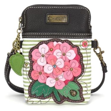 Imagem de CHALA Bolsa transversal para celular Plant Life Collection - Bolsa feminina de couro poliuretano/lona multicolorida com alça ajustável - hortênsia rosa - listra verde