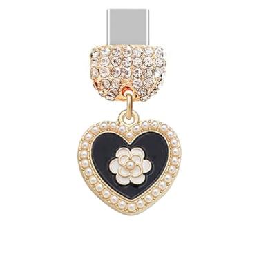 Imagem de ELISE & FONDA TP1007 Tipo-C Porta de carregamento Cristal Antipoeira Plug Little Love Heart com pingente de celular rosa para iPhone 15/16/Samsung/OnePlus/Xiaomi/oppo telefones Android (preto)