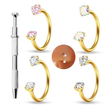 Imagem de HUASAI Anel de nariz em ferradura para mulheres 20G 18G aço titânio argola dupla argola argola prata ouro cartilagem helix tragus brincos pequenos labret lábio piercing joia, Large, Cristal, Sem Pedra