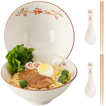 Imagem de hengshukeji Conjunto de tigelas de ramen japonês, 2 peças, tigelas grandes de macarrão de cerâmica de 1,134 g com pauzinhos e colheres para Pho, Udon, arroz, macarrão – Seguro para micro-ondas e